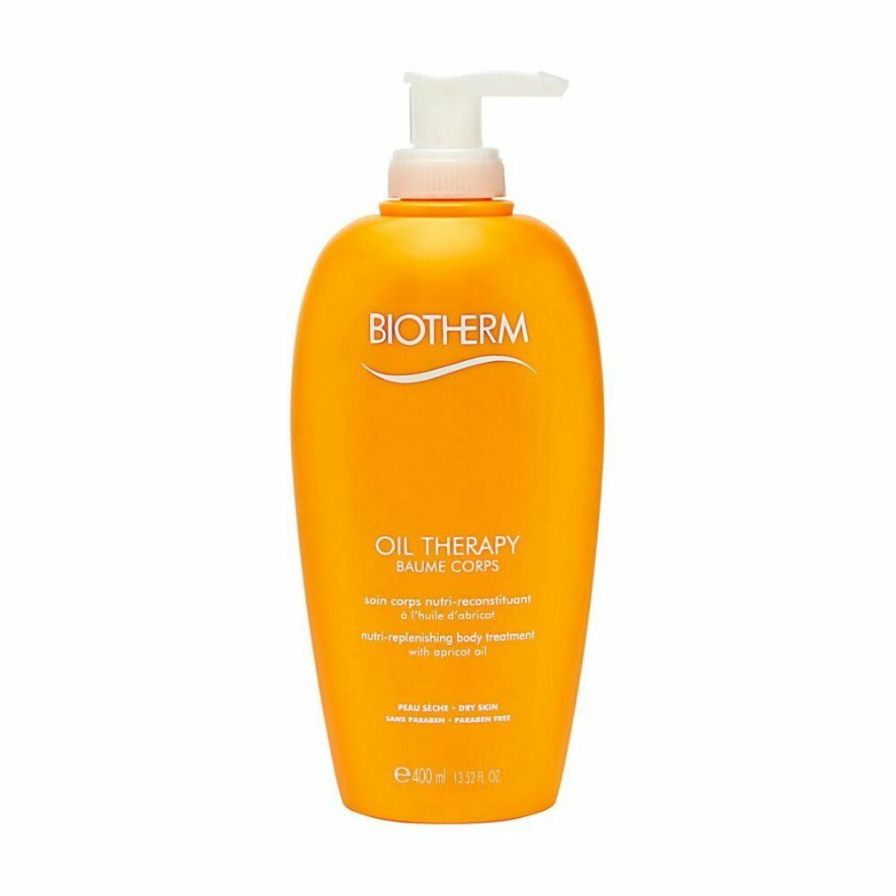 BIOTHERM Oil Therapy. Gelbe Flasche mit weißem Pumpverschluss. Text: Oil Therapy, Baume Corps. 400ml.
