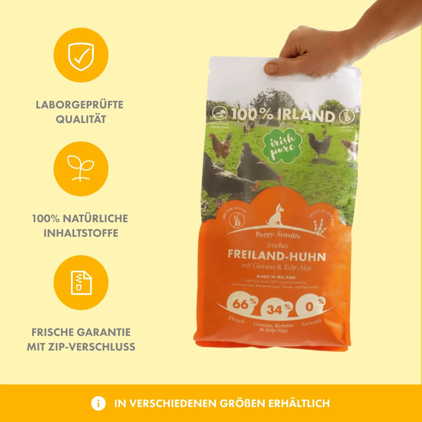 Hundefutter-Sack "Irish Pure" mit Huhn, Gemüse & Kelp-Alge, gehalten von einer Hand.