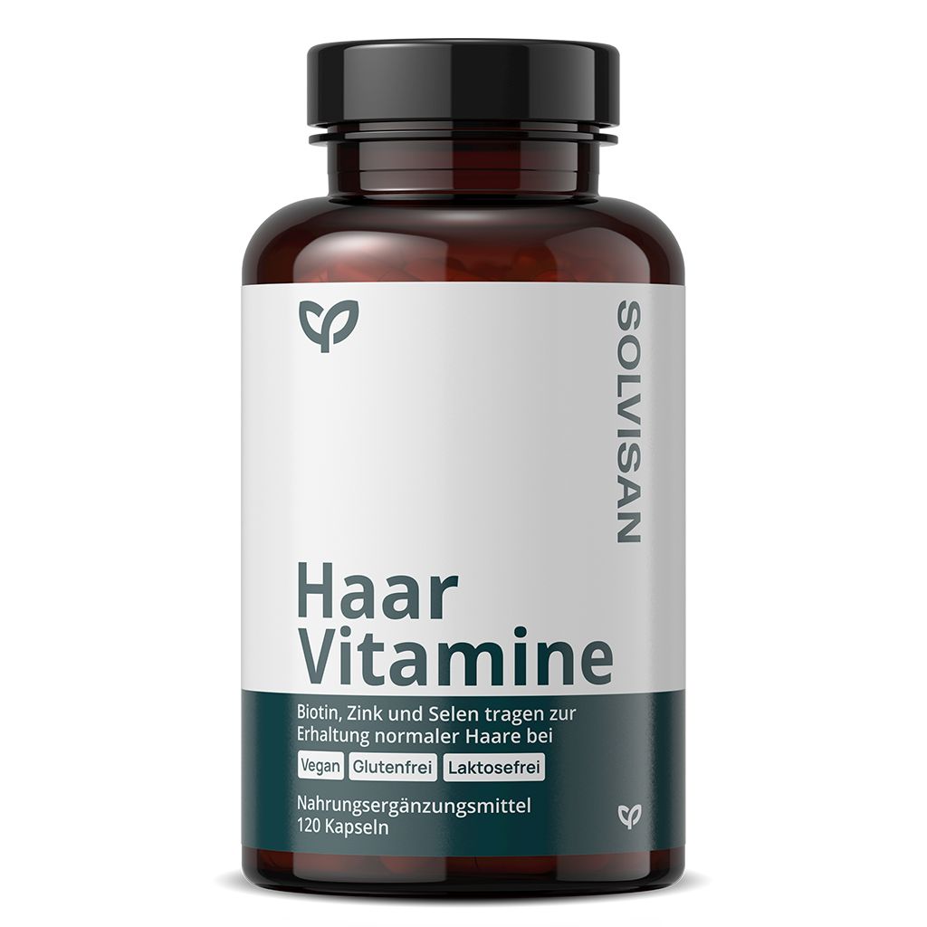 Braune Flasche SOLVISAN Haar Vitamine. Weißes Etikett mit Produktinformationen. 120 Kapseln. Vegan, glutenfrei, laktosefrei.
