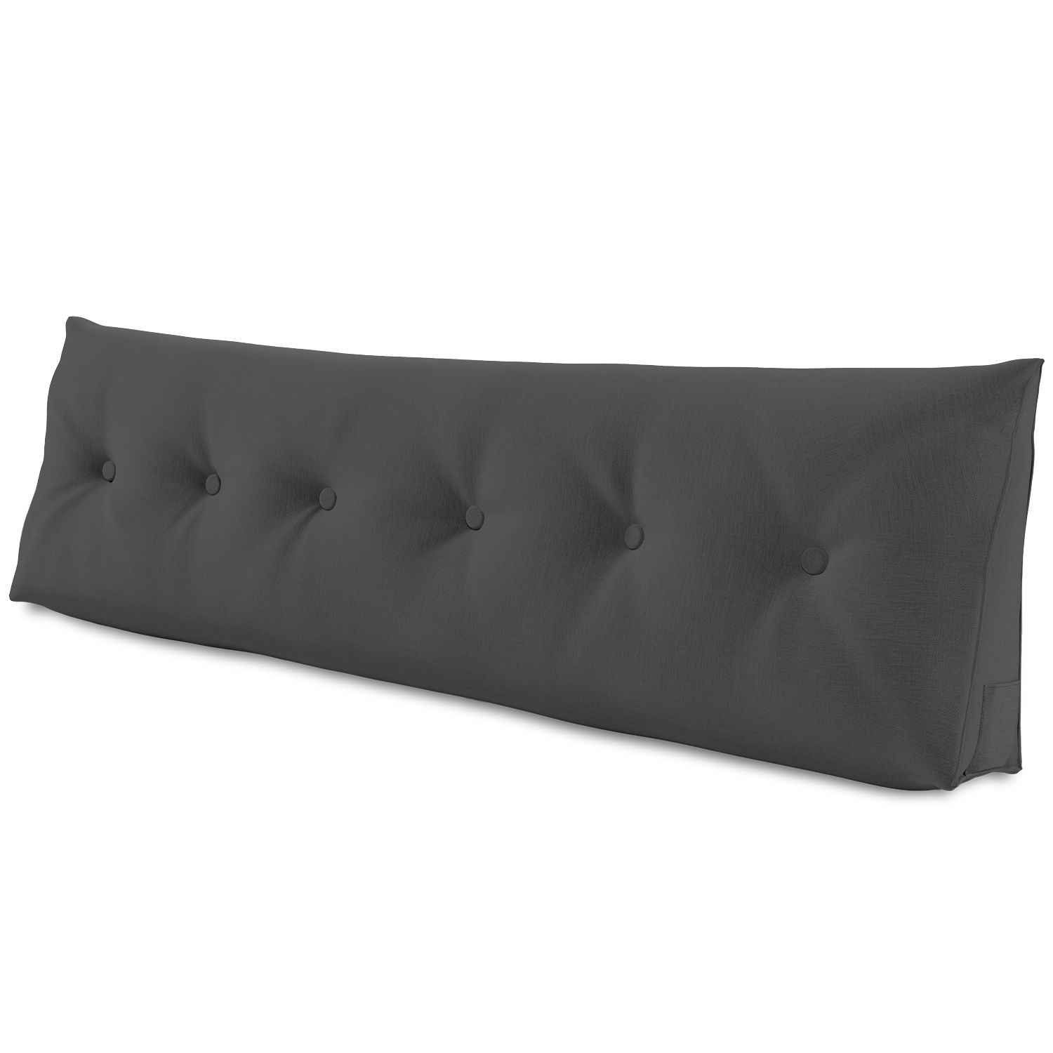 Graues, keilförmiges Kissen mit Knöpfen. Stoffbezug, rechteckige Form, mit Knöpfen versehen.