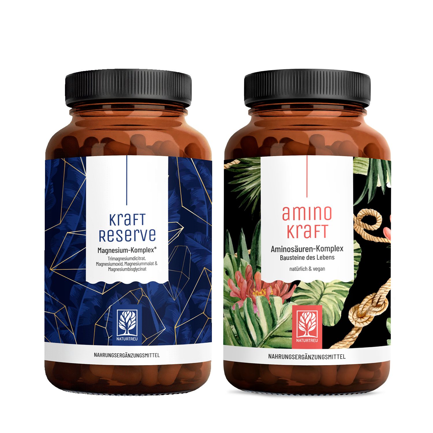 Zwei braune Flaschen mit schwarzen Deckeln. Auf der linken Flasche steht "kraft reserve", auf der rechten "amino kraft".