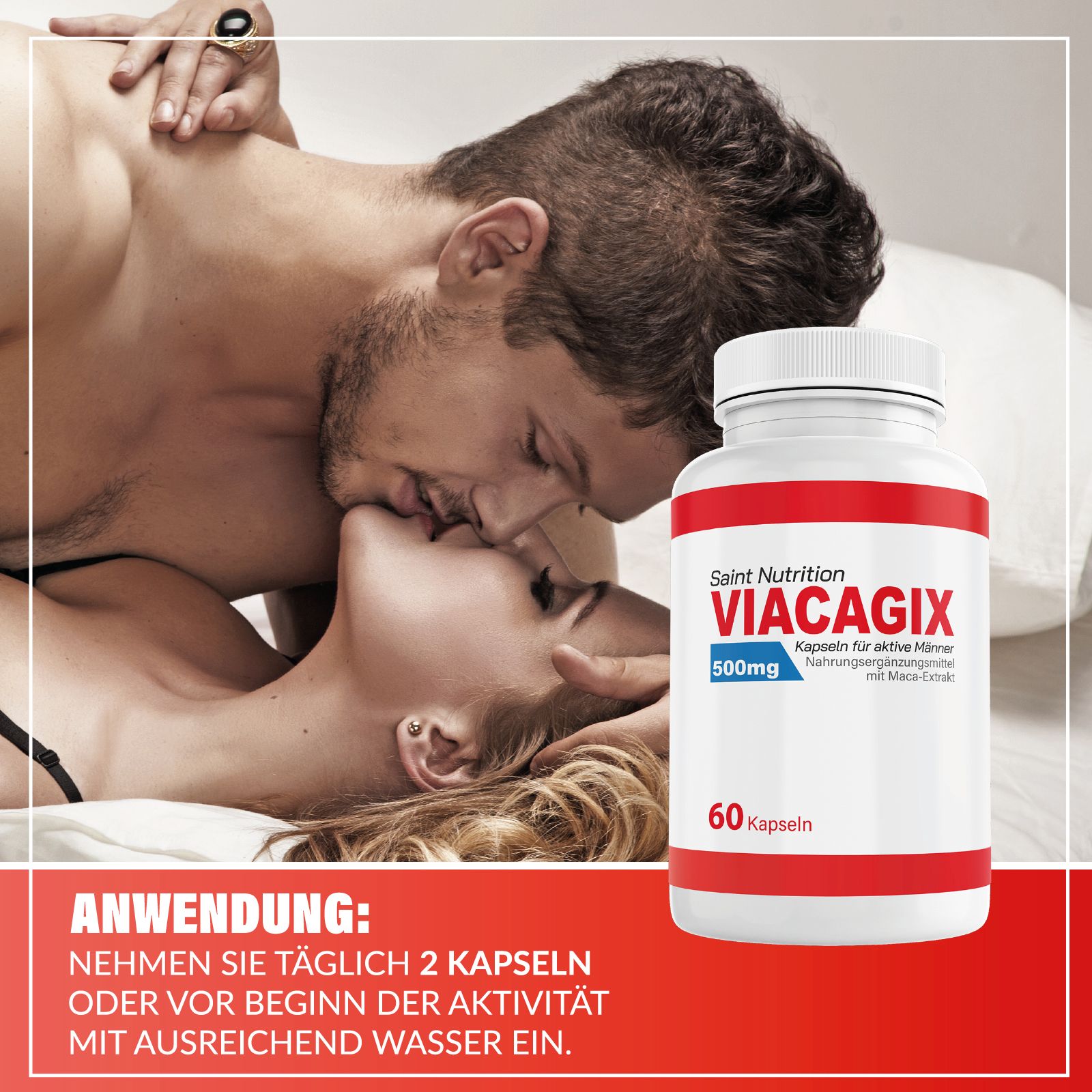 Paar im Bett, Flasche daneben. Text: Saint Nutrition VIACAGIX, 500mg, 60 Kapseln. Text: Anwendung: 2 Kapseln.