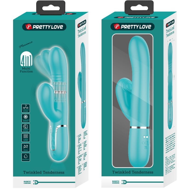 Zwei Produktverpackungen. Türkisfarbener Vibrator mit G-Punkt-Stimulator. Aufschrift: Pretty Love, Twinkled Tenderness, 4in1.