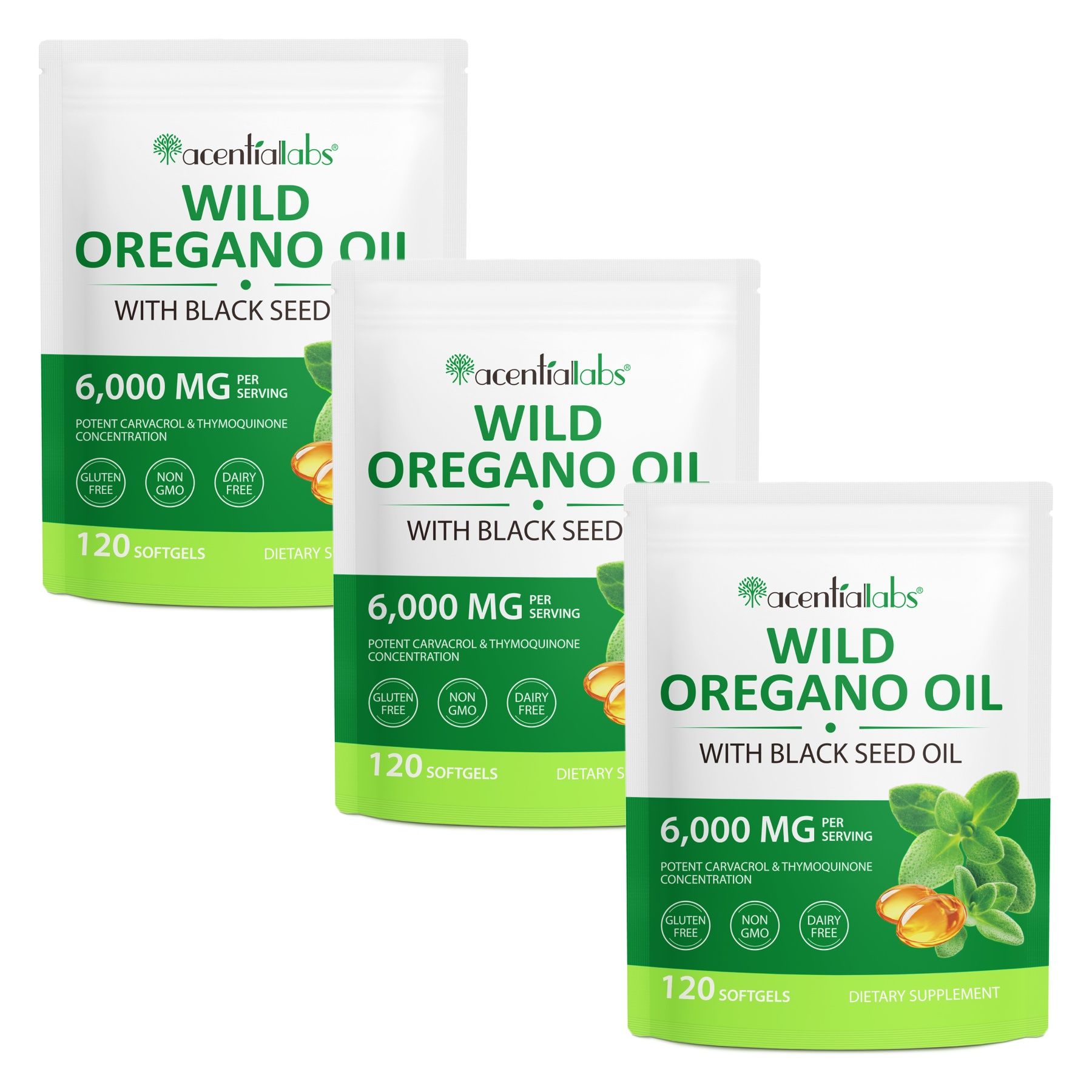 Drei Beutel mit Softgels. Text: Wild Oregano Oil, 6.000 mg, 120 Softgels. Glutenfrei, Non-GMO, Dairy Free.