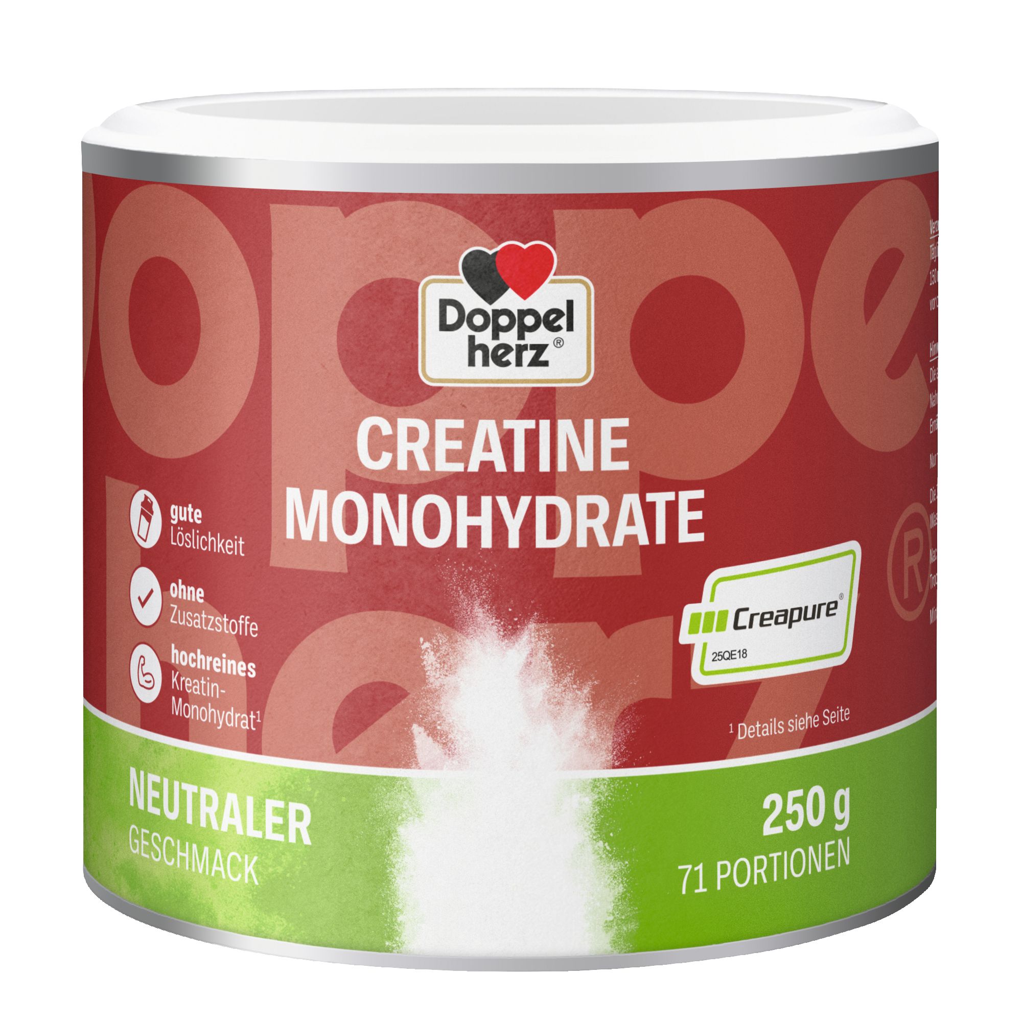 Dose Creatin Monohydrat. Aufschrift: Creatine Monohydrate, 250g, 71 Portionen. Mit Creapure® Qualität. Neutraler Geschmack.