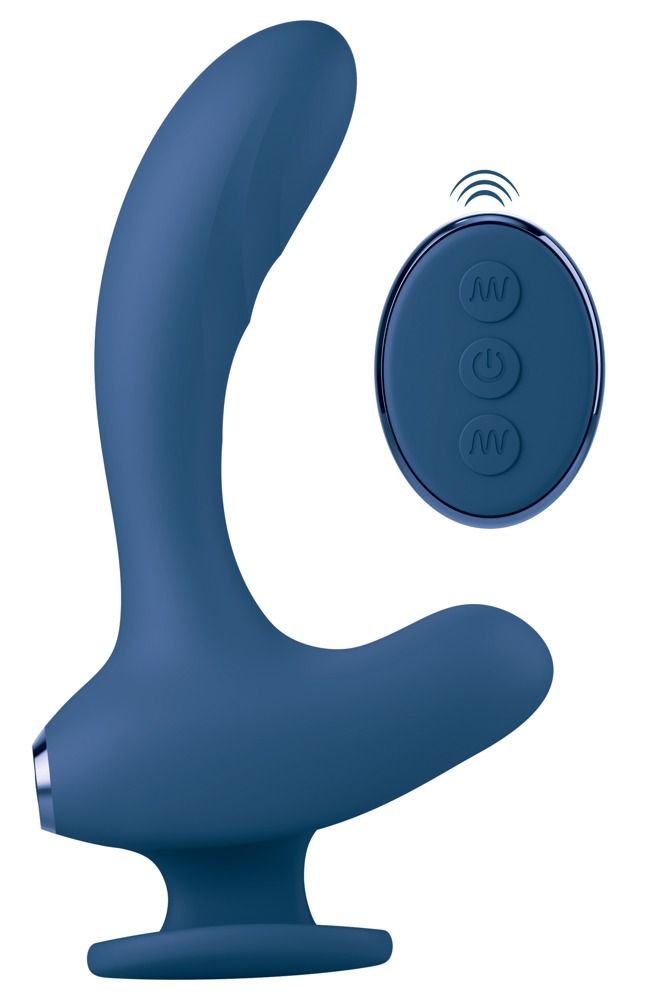 Blauer Wellness-Artikel mit Fernbedienung. Runde Fernbedienung mit drei Tasten. 