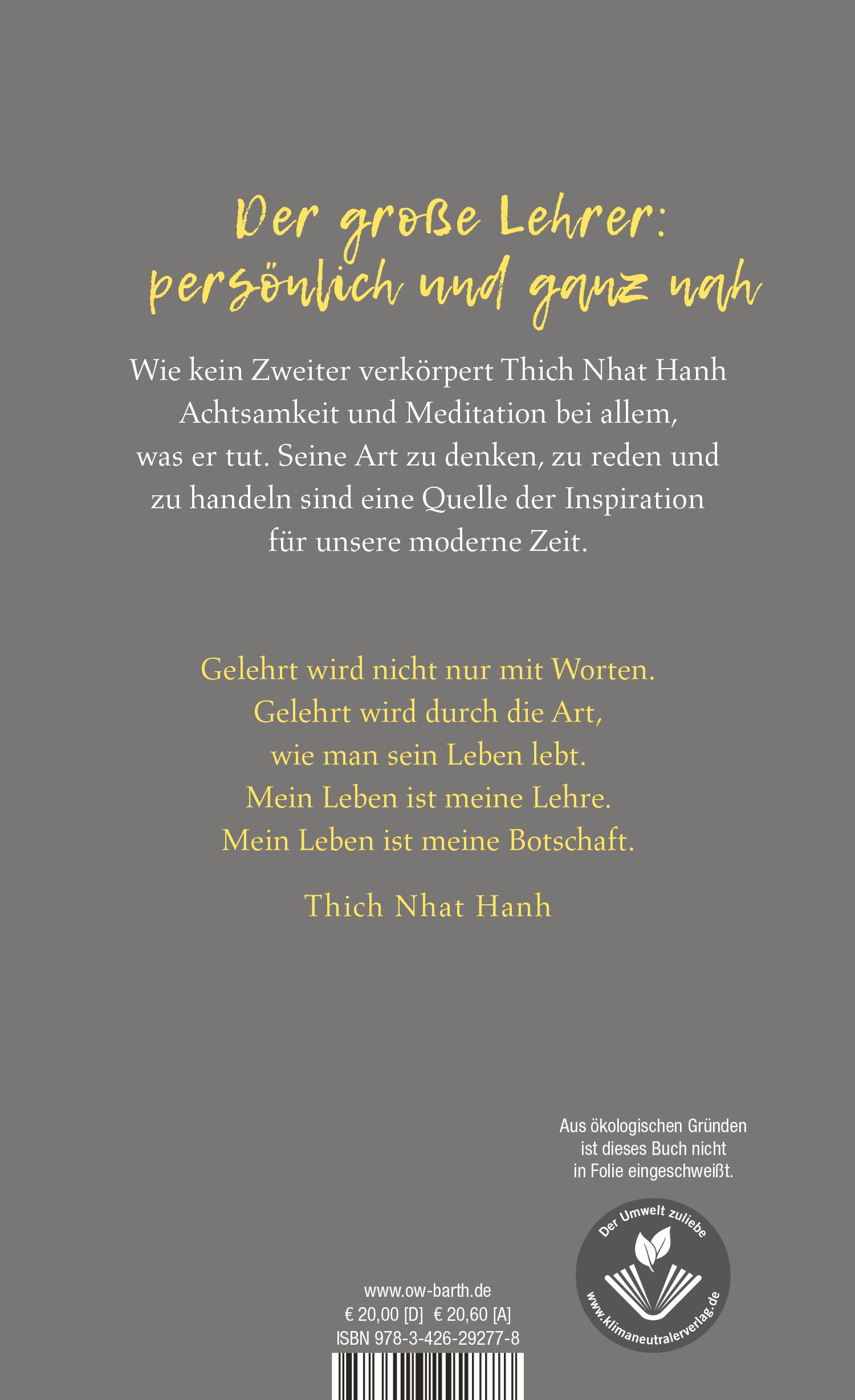 Buchrückseite "Mein Leben ist meine Lehre". Text in Deutsch, Autor Thich Nhat Hanh, grauer Hintergrund, Logo.