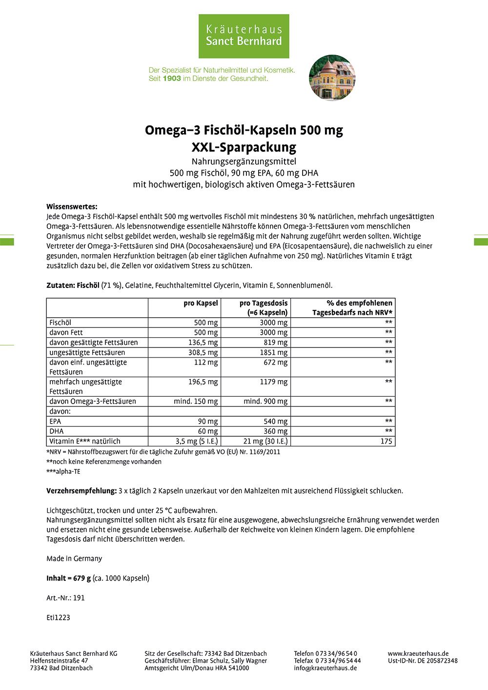 Sanct Bernhard Omega-3 Fischöl-Kapseln 500 mg XXL Sparpackung