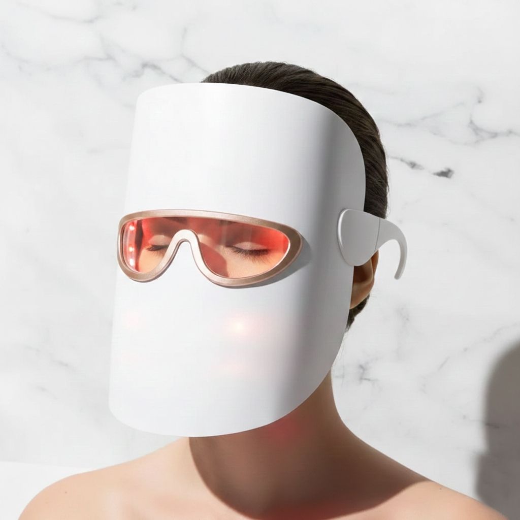 Person trägt eine weiße LED-Lichttherapie-Maske mit goldfarbenem Rahmen und roten Lichtern.