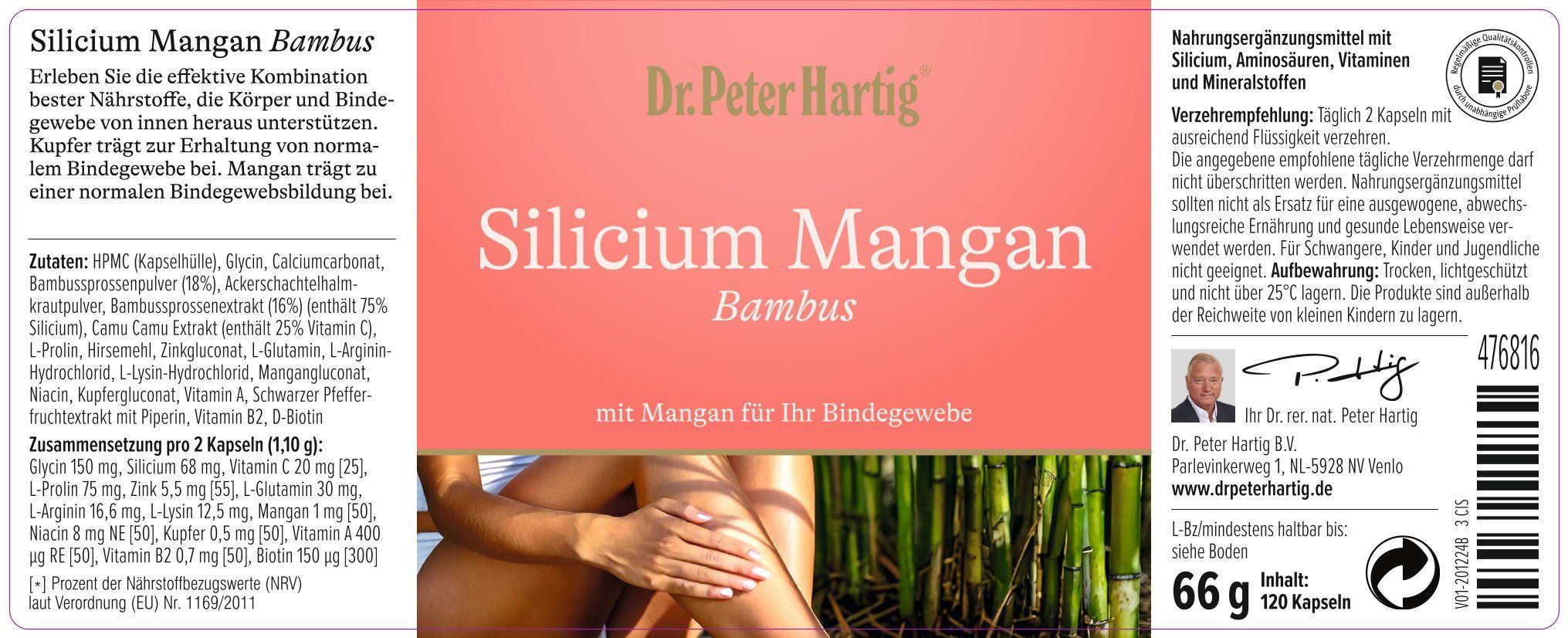Produktetikett mit Text: Silicium Mangan Bambus. Inhaltsstoffe, Nährwertangaben. Abbildung einer Hand und Bambus.