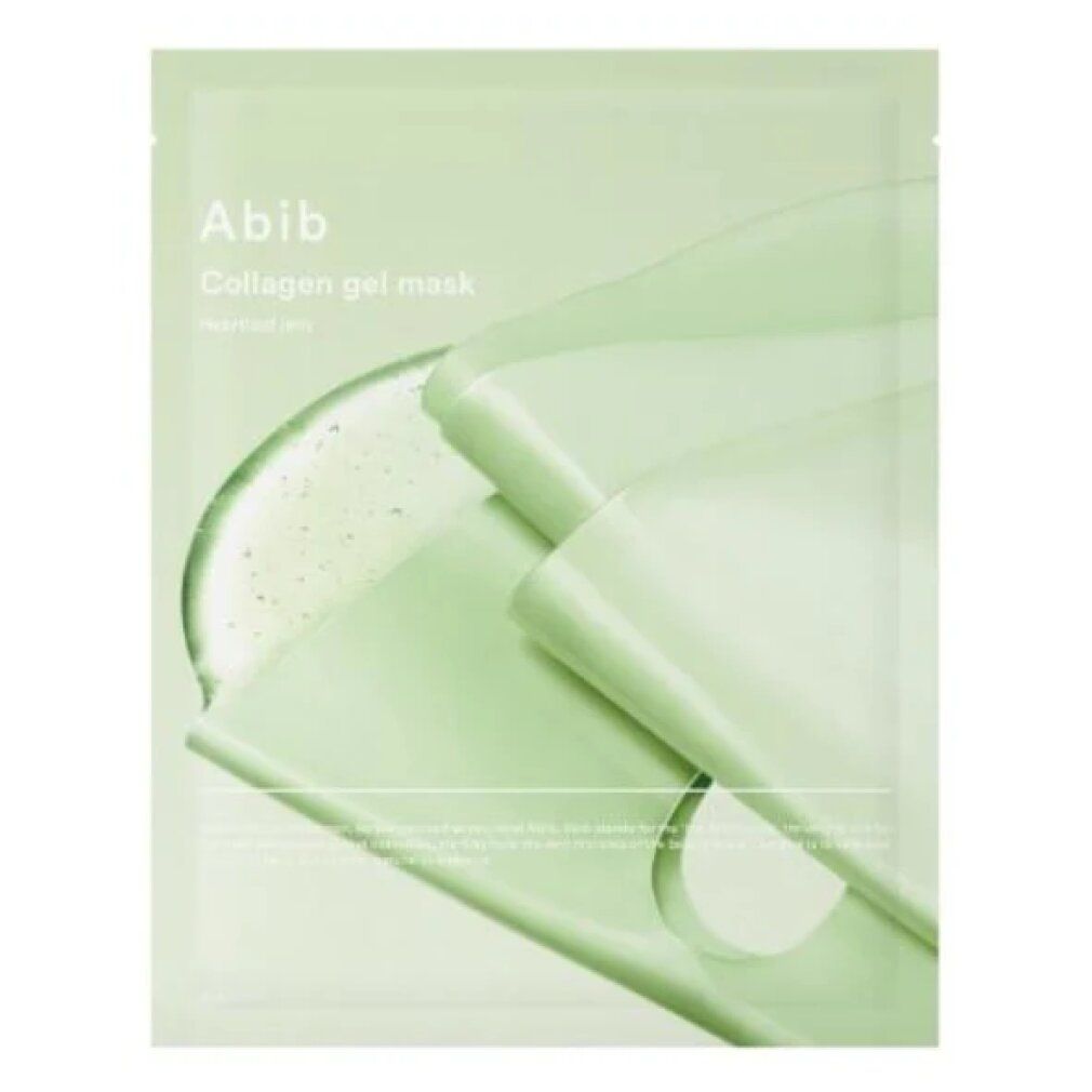 Abib Collagen Gel Mask Heartleaf Jelly Packung, leicht geöffnet, mit Gel-Overlay.