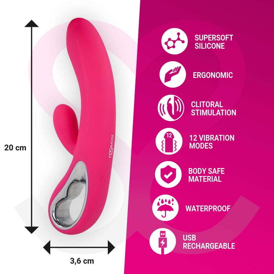 Pinkfarbener Silikon-Vibrator mit Maßangaben: 20 cm x 3,6 cm. Icons und Text.