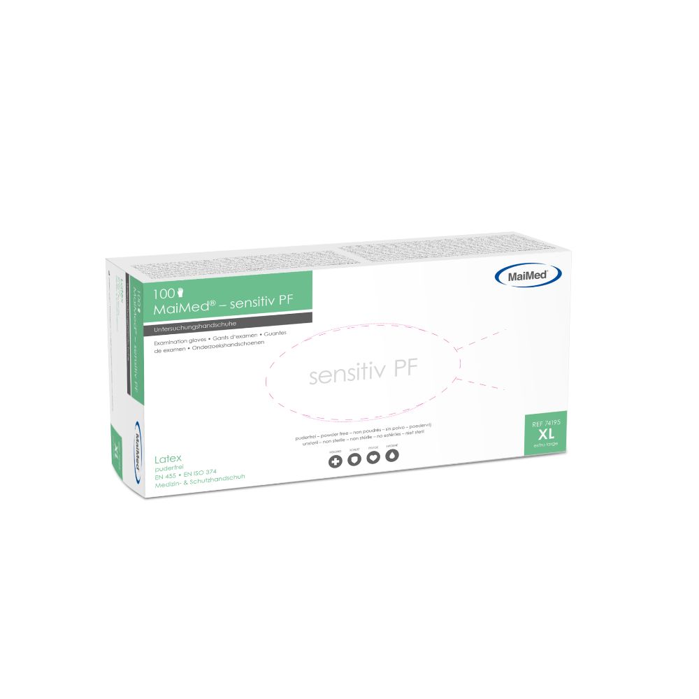 Verpackung von MaiMed sensitiv PF Handschuhen. Weißer Karton mit grünen Akzenten. Aufschrift: sensitiv PF, XL. Marke: MaiMed.