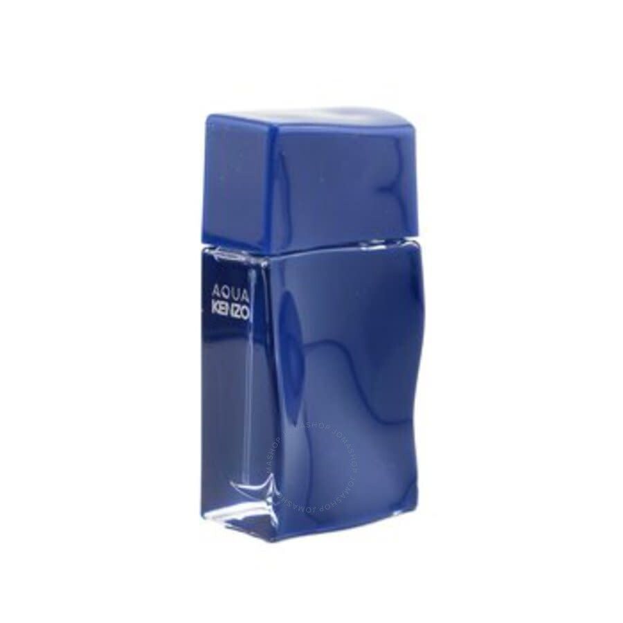 Blaues Parfümflakon mit quadratischem Deckel. Aufschrift AQUA KENZO.