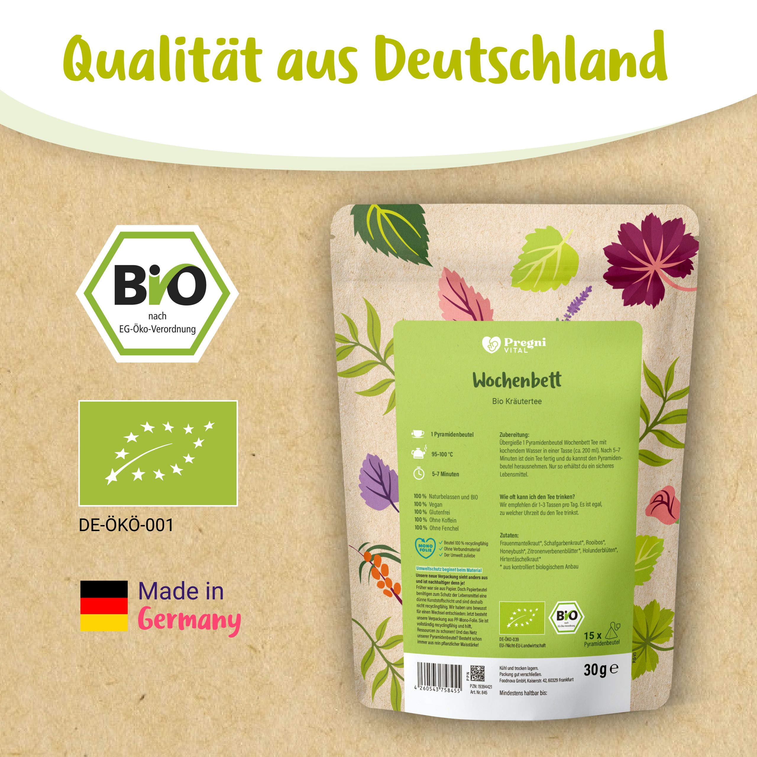 PregniVital Wochenbett BIO Kräutertee Packung mit BIO-Siegel, "Made in Germany" und DE-ÖKO-001 Zertifizierung.
