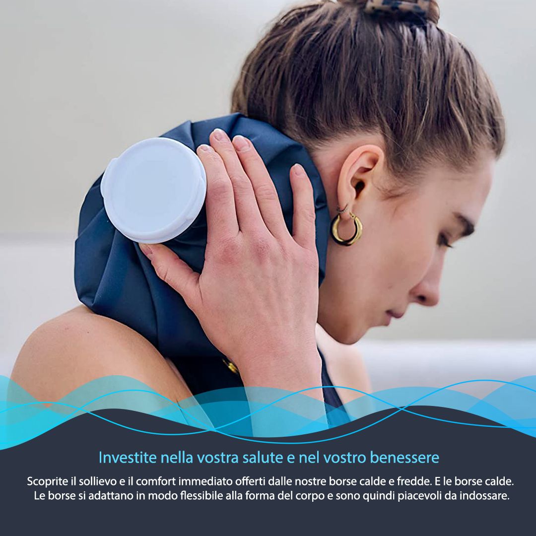 Una donna tiene una borsa dell'acqua calda blu all'orecchio. Testo: Investi nella tua salute e nel tuo benessere.