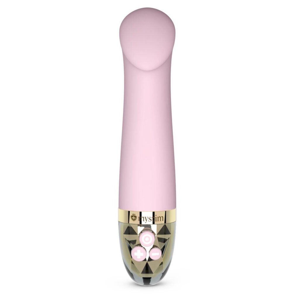 Rosa Vibrator mit abgerundeter Spitze und goldfarbenem Akzent. Drei Knöpfe. Geometrisches Design.