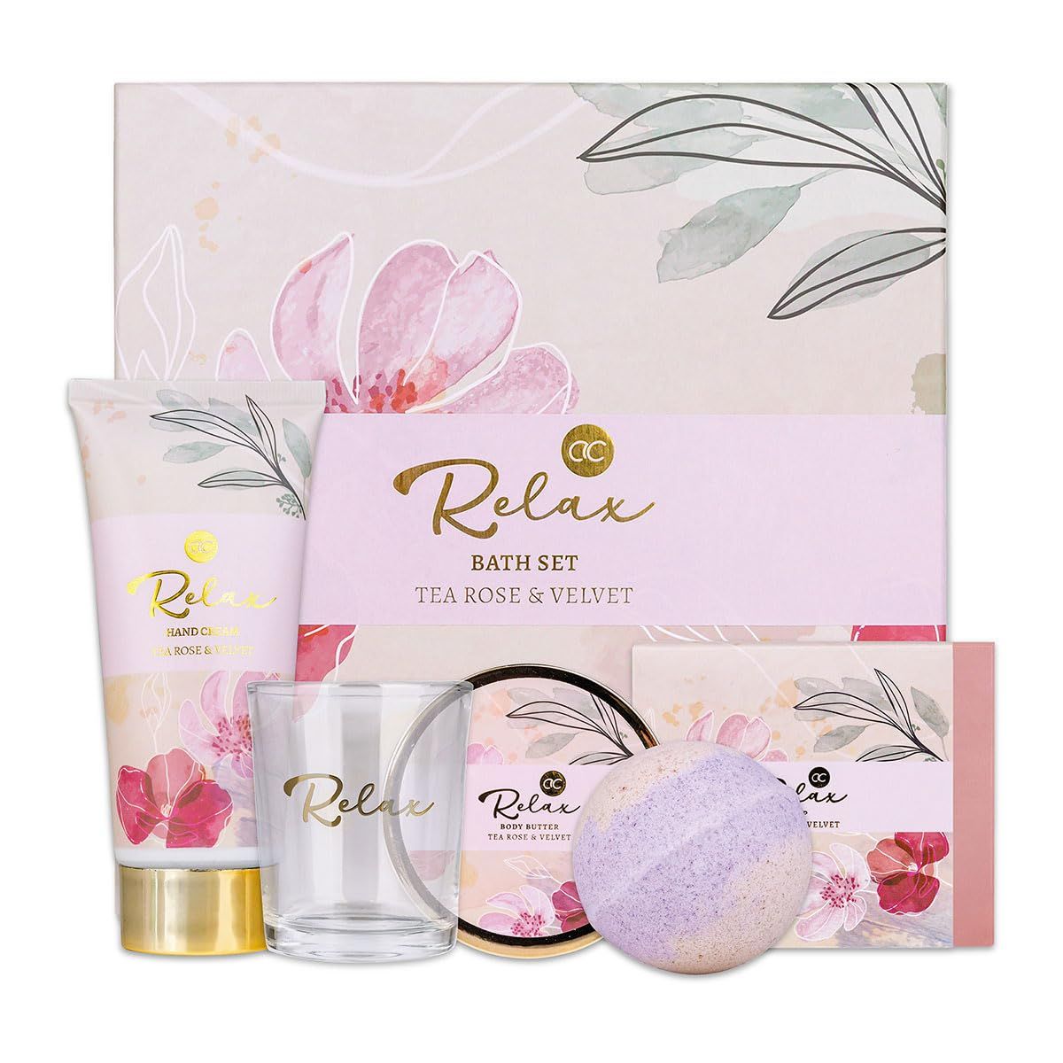 Geschenkbox mit Bade- und Pflegeprodukten. Enthält Handcreme, Glas, Seife, Badekugel und Creme. Floral bedruckt, goldene Schrift.