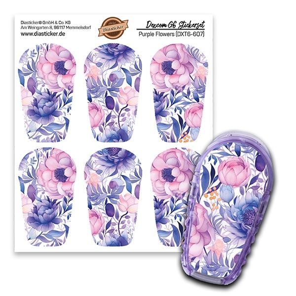 Aufkleber-Set für Dexcom G6, lila Blumenmuster. Enthält Aufkleber und ein Gerät mit floralem Design. Marke: DiaSticker.