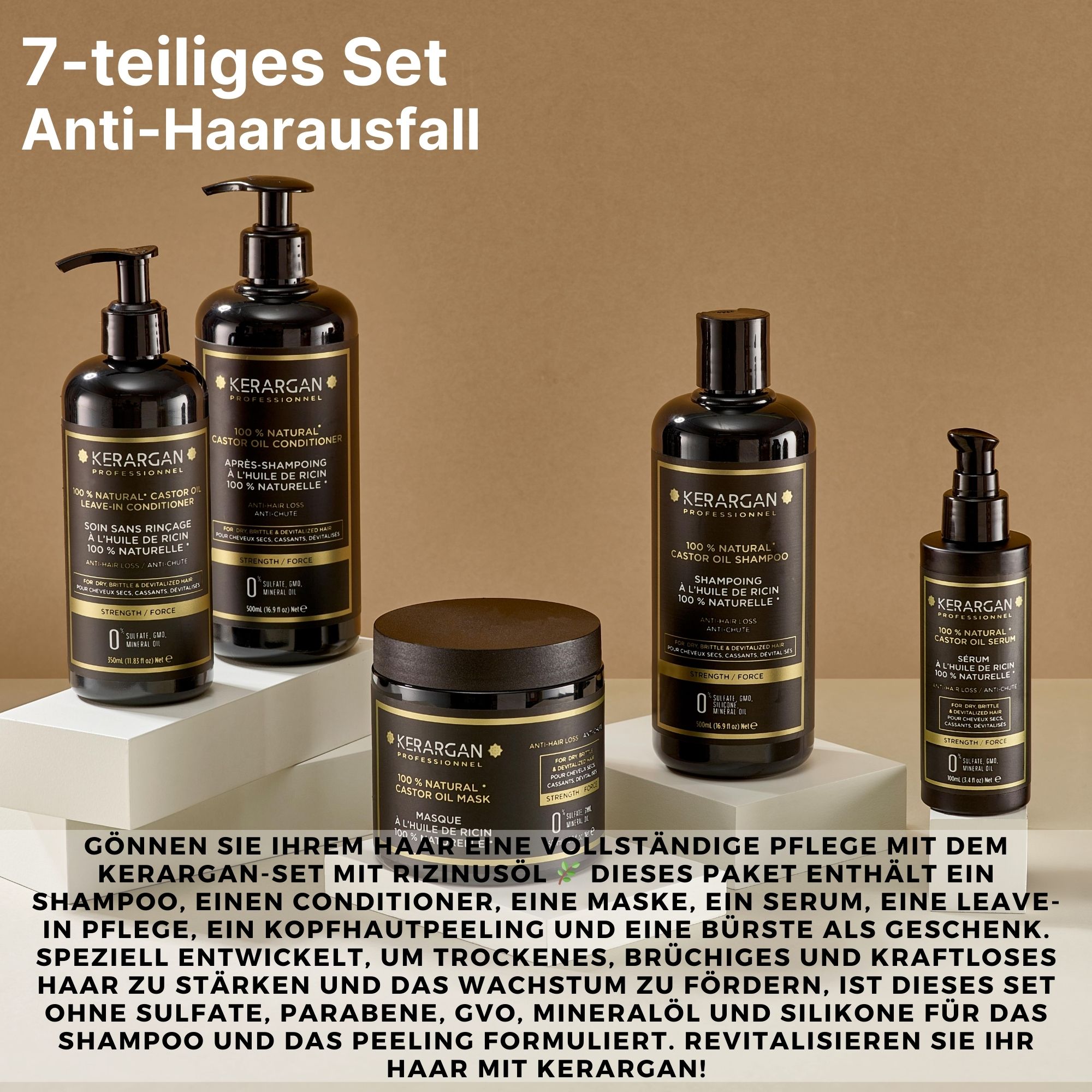 Set mit sieben Kerargan-Produkten. Schwarze Flaschen und Tiegel mit Etiketten. Enthält Shampoo, Spülung, Maske, Serum, Leave-in.