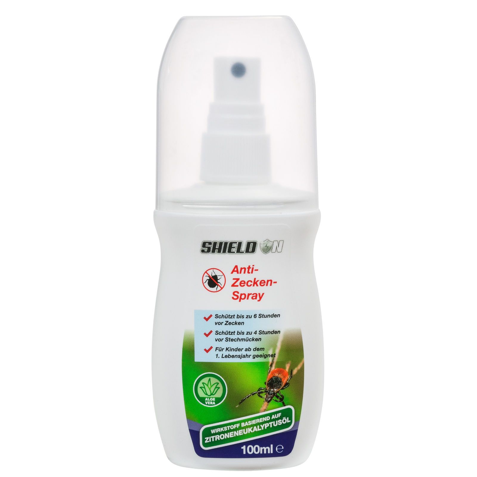 Weiße Sprühflasche mit durchsichtigem Deckel. Beschriftung: SHIELD ON Anti-Zecken-Spray. Enthält Zitronen-Eukalyptusöl. 100ml.