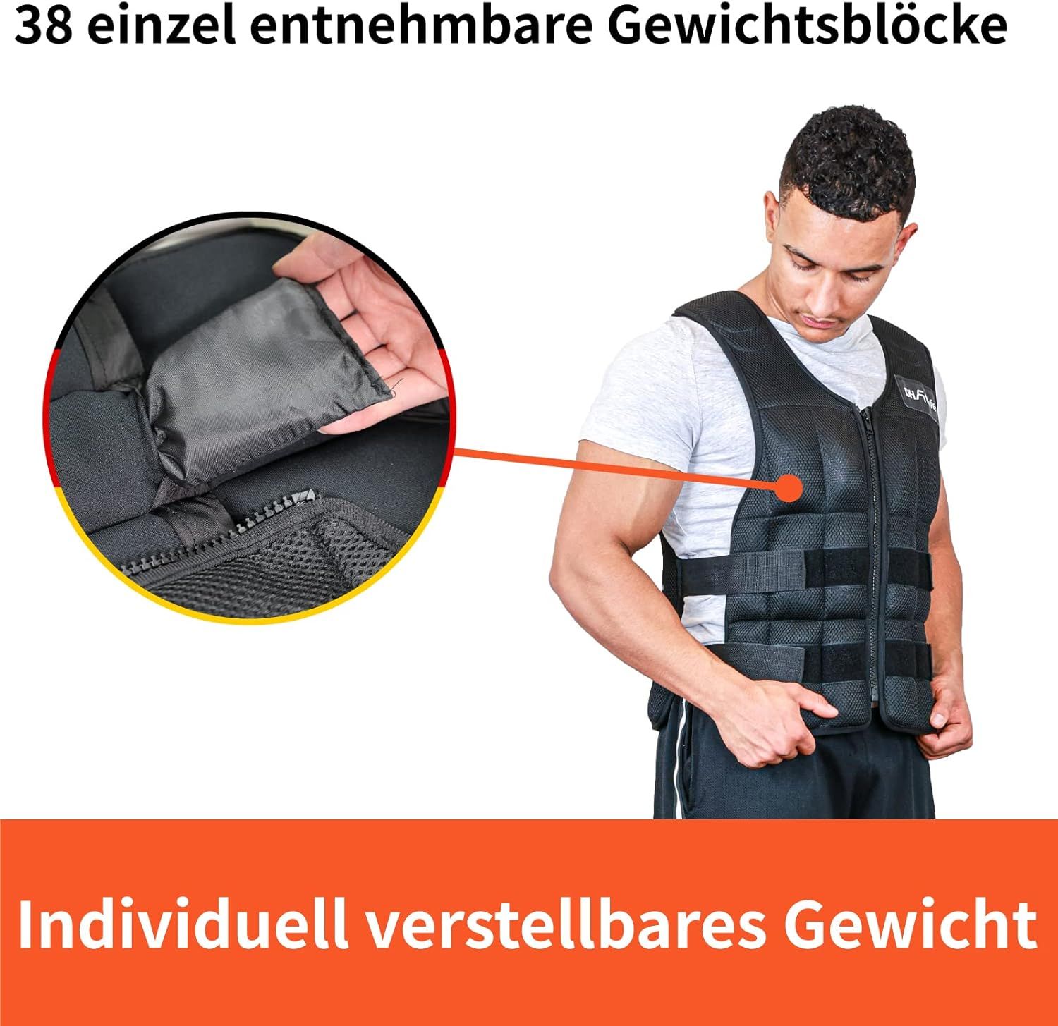 Gewichtsweste mit 38 entnehmbaren Gewichtsblöcken. Individuell verstellbares Gewicht. Mann hält einen Block.