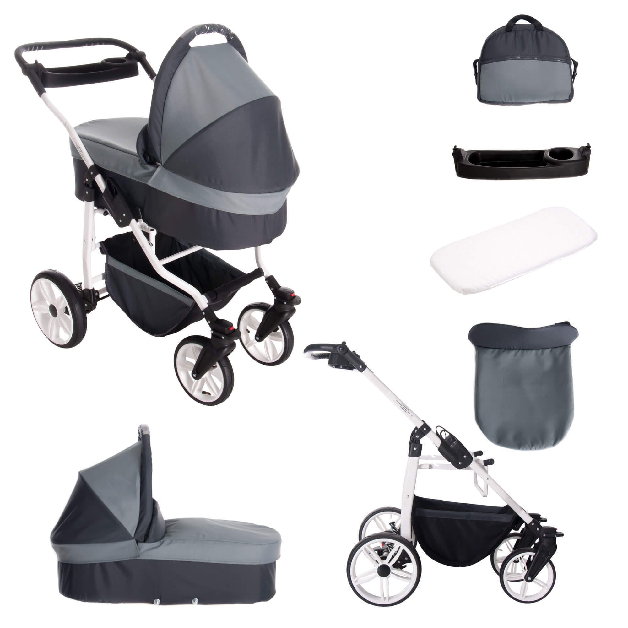 Bebebi Zürich 4 in 1 Kinderwagen Komplettset ISOFIX Basis Hartgummireifen, Pilatus