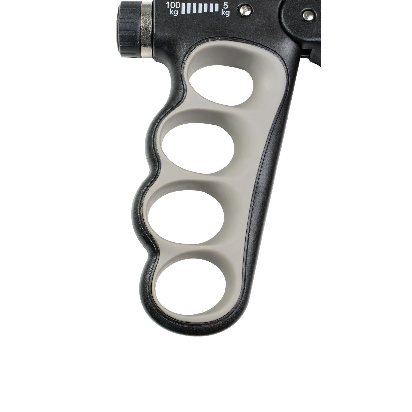 Handtrainer mit vier Fingerlöchern. Schwarz-grau. Kunststoff. Einstellbare Widerstandsanzeige. Metall.