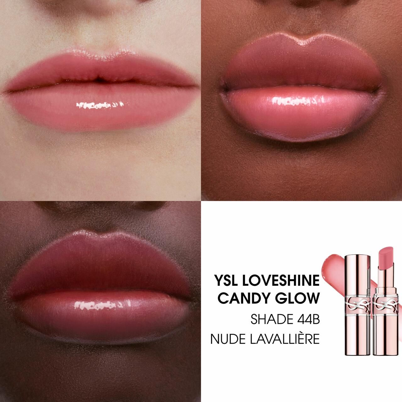 Vier Lippen-Nahaufnahmen mit getöntem Lippenbalsam. Produktname und Farbtonangabe.