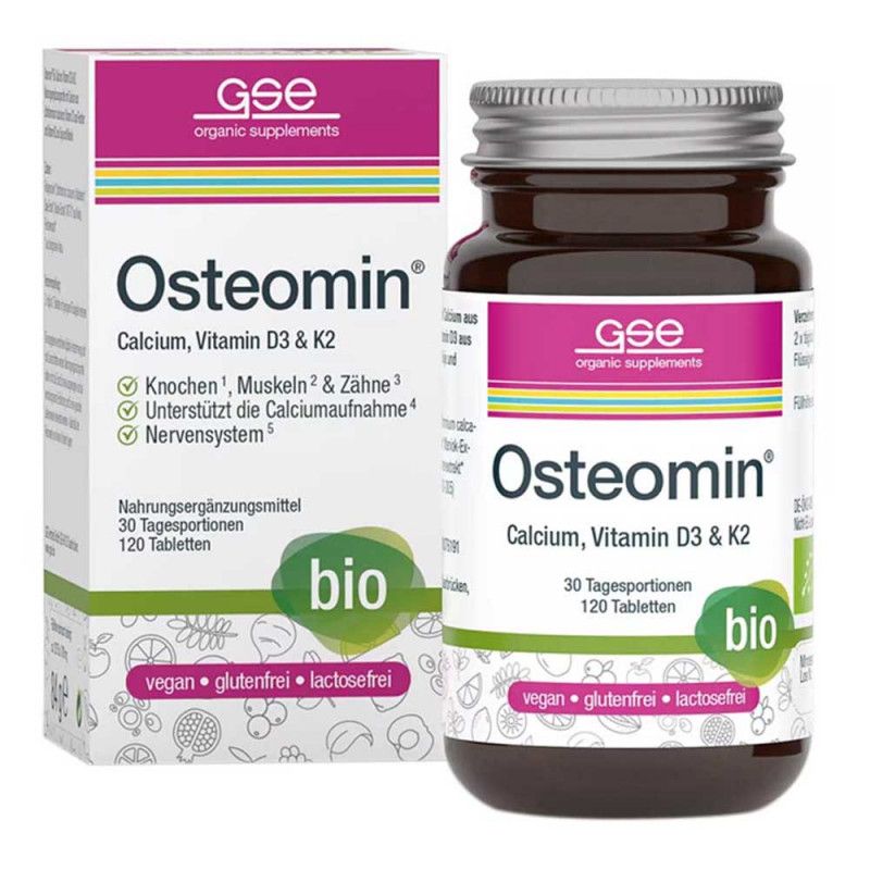Osteomin-Nahrungsergänzungsmittel in Dose und Schachtel. Enthält Calcium, Vitamin D3 & K2. Mit Bio-Siegel. Vegan, glutenfrei, laktosefrei.