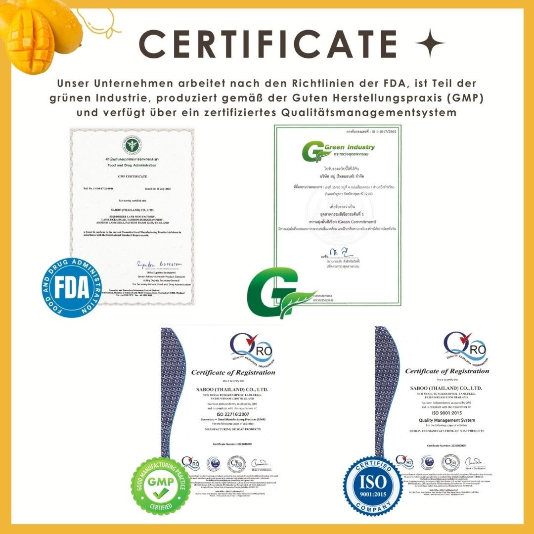 Zertifikate: FDA, GMP, ISO 9001. Logos: Green Industry, FDA, GMP, ISO. Produktetikett mit Logo.