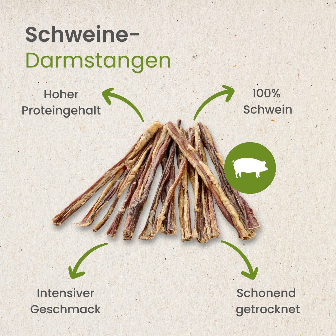 Getrocknete Schweinedarmstangen, 20-22 cm lang, mit Informationen zu Gewicht und Beschaffenheit.