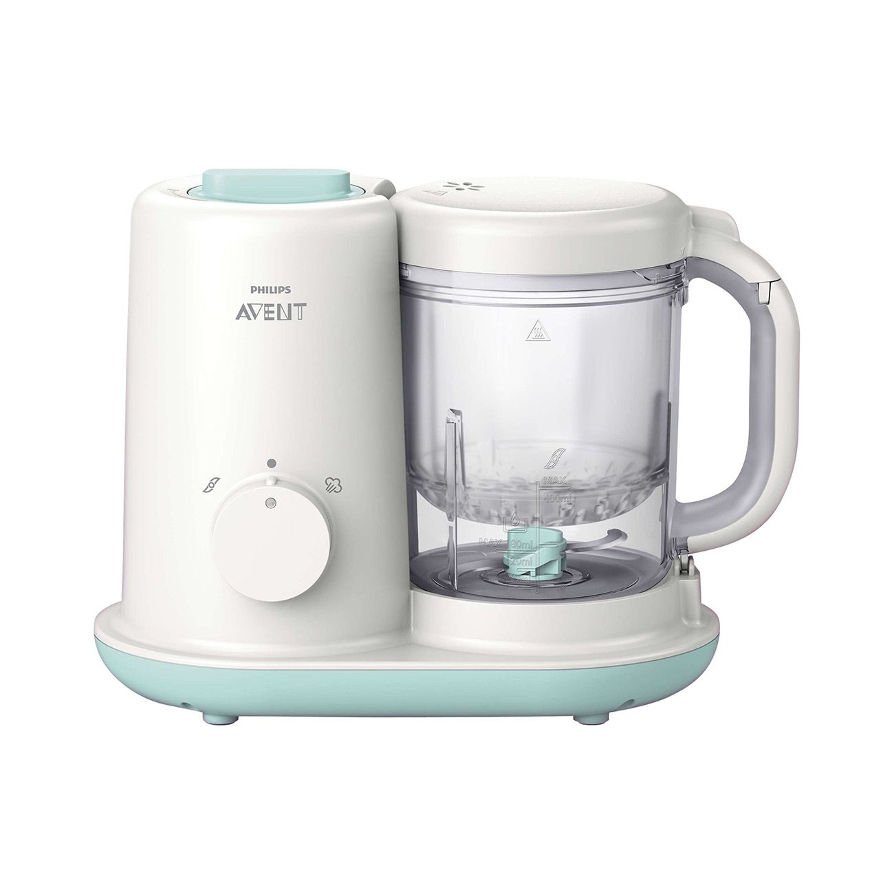 Babynahrungszubereiter. Weiß-türkis, mit Philips AVENT-Logo. Besteht aus zwei Teilen: Koch- und Mixbehälter.