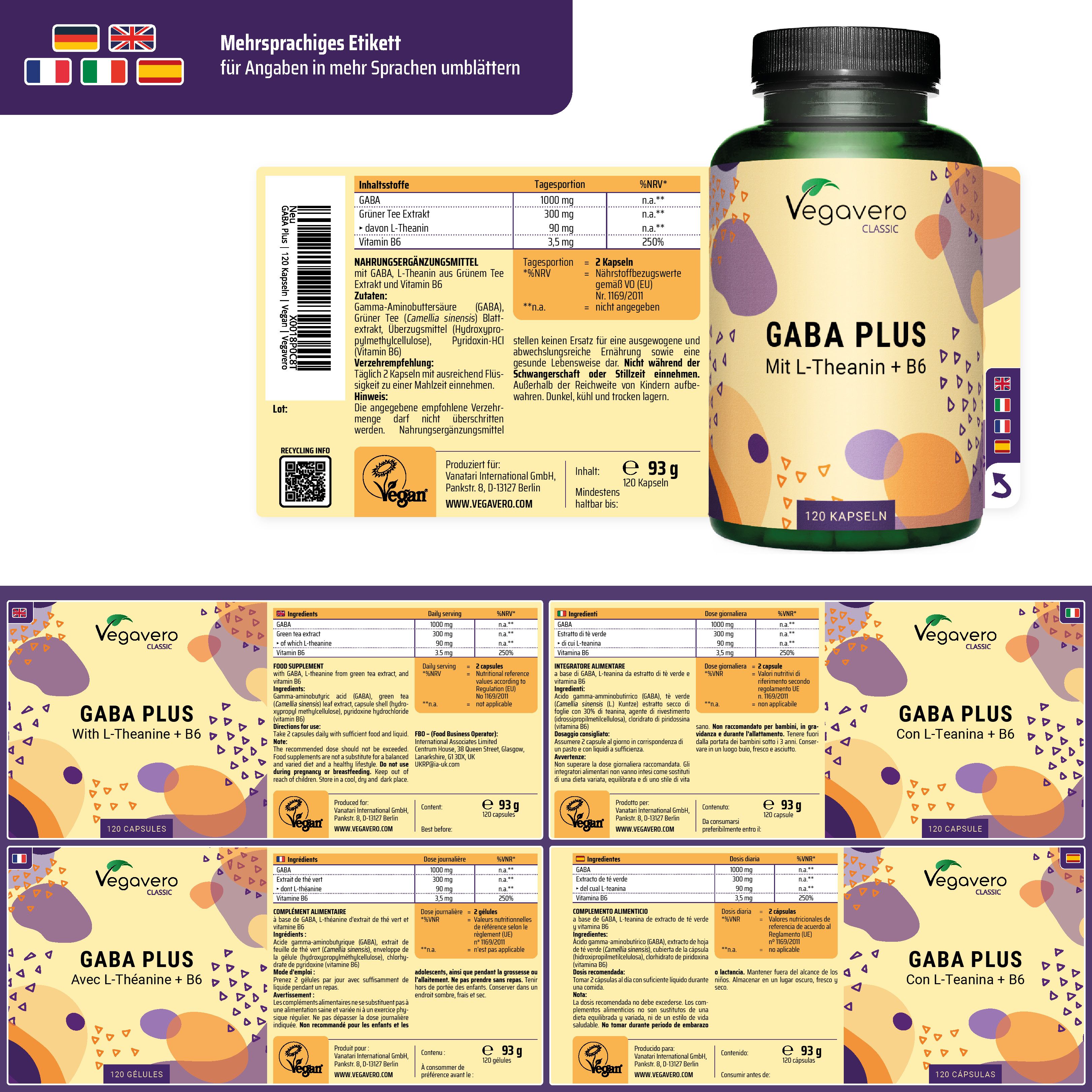 Produktverpackung mit Flasche und Etiketten. Mehrsprachiges Etikett. Vegavaro Classic GABA PLUS mit L-Theanin + B6. 120 Kapseln.