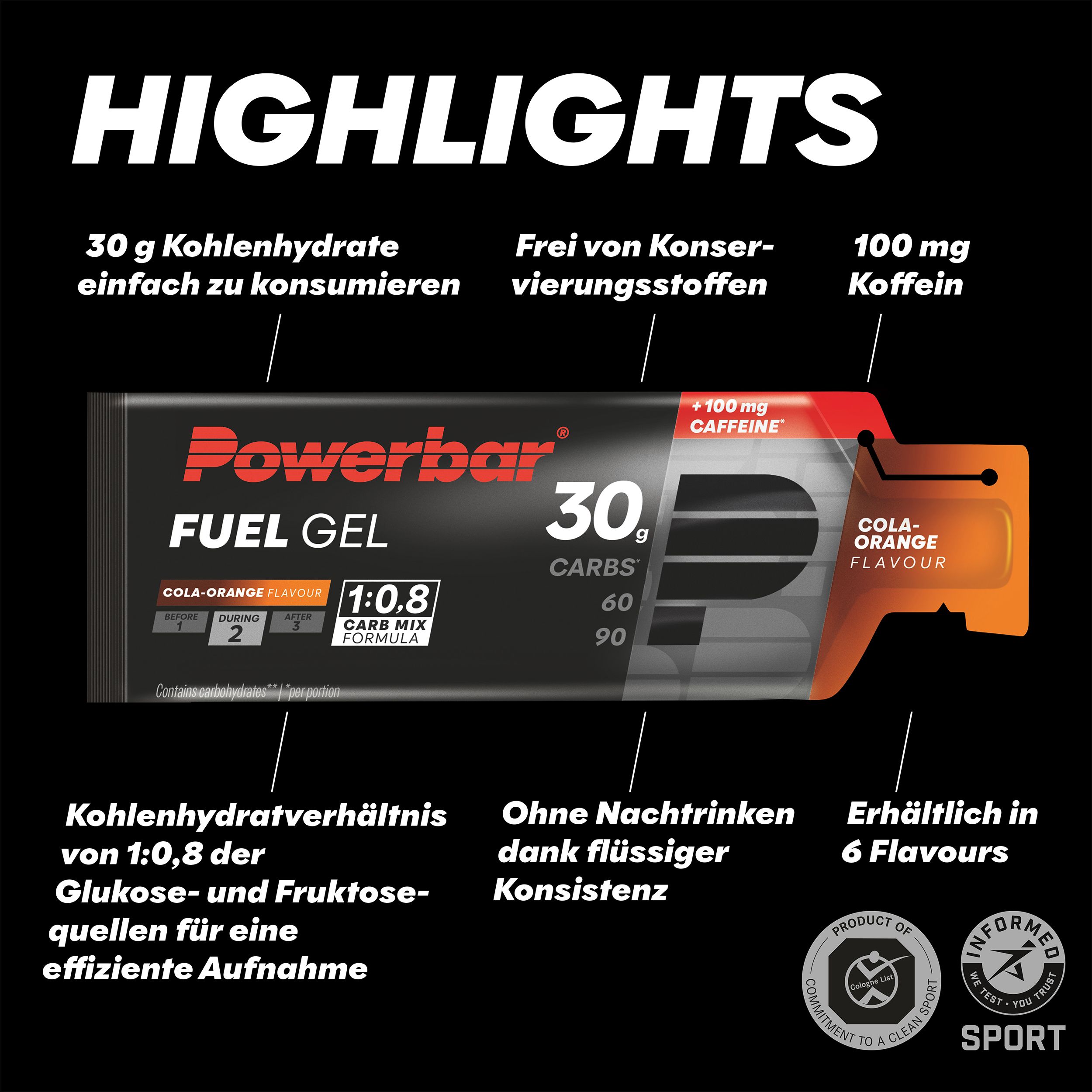 POWERBAR Kohlenhydratgel Fuel 30 Gel Black Line Cola-Orange Koffein