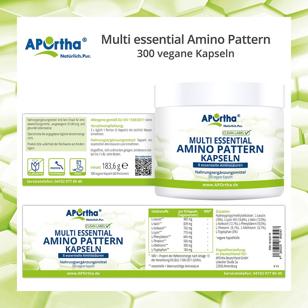 APOrtha® Multi essential Amino Pattern Kapseln: Nährwertangaben, Inhaltsstoffe, Barcode, Hergestellt in Deutschland.
