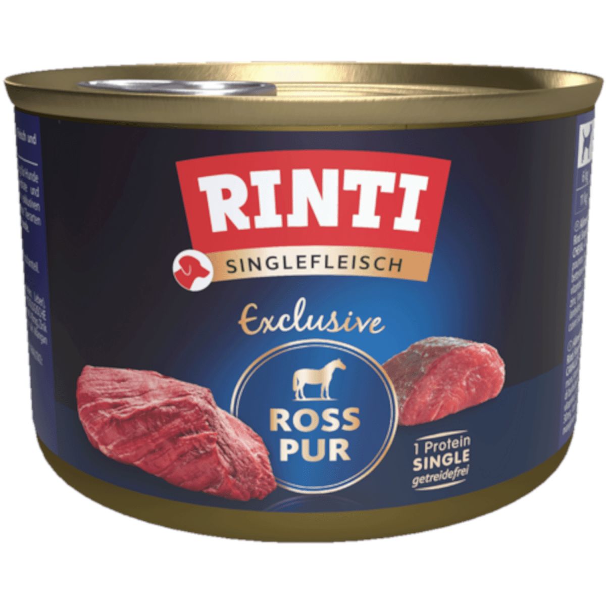 Rinti Singlefleisch Exclusive Ross Pur Hundefutter in Dose. Zeigt rohes Pferdefleisch.