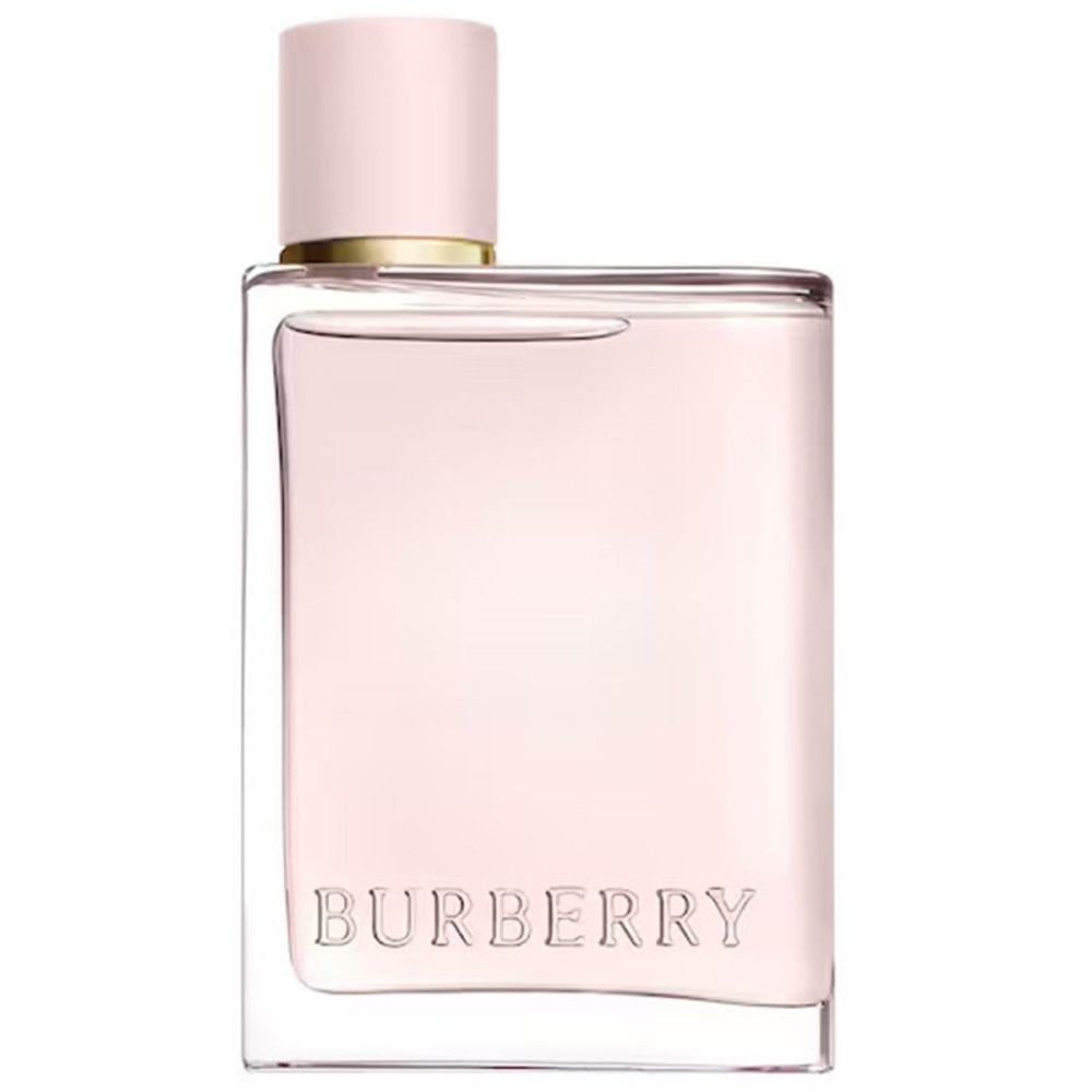 Burberry Her Eau de Parfum-Flakon. Quadratische Form, rosa Flüssigkeit, rosa Verschluss, goldener Ring.
