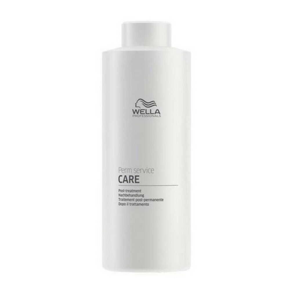 Weiße Flasche mit Wella-Logo und Schriftzug 'Perm service CARE'. Text darunter: Post treatment, Nachbehandlung, Traitement post-permanente, Dopo il trattamento.