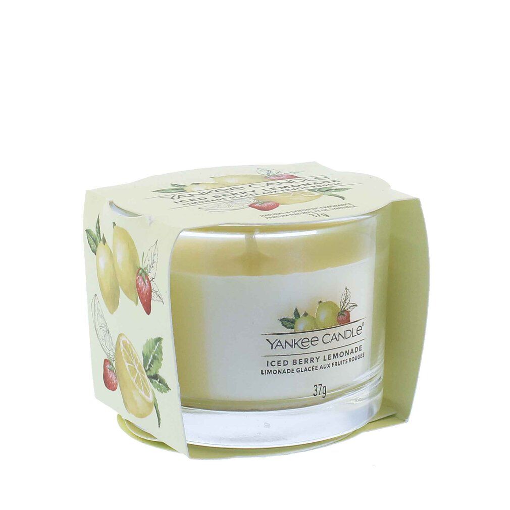 Kerzenglas mit Aufdruck: Yankee Candle, Iced Berry Lemonade, 37g. Gelbes Wachs, Docht. Verpackung mit Zitronen- und Erdbeermotiven.
