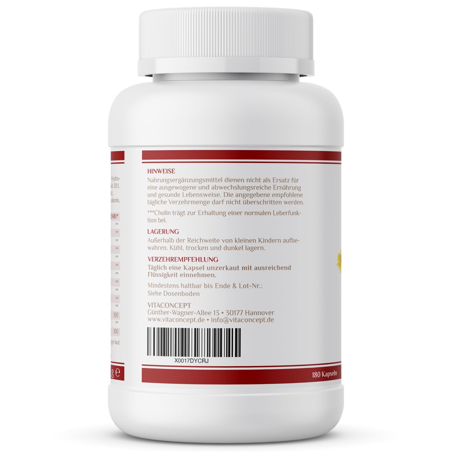 Rückseite einer weißen Flasche mit rotem Etikett. Textabschnitte zu Hinweisen, Lagerung und Verzehrempfehlung. Barcode und Kontaktinformationen.
