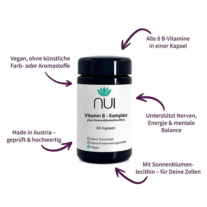 NUI Vitamin B-Komplex Flasche. Schwarzer Deckel, weißes Etikett. Enthält alle 8 B-Vitamine. Vegan, ohne Farb- und Aromastoffe.