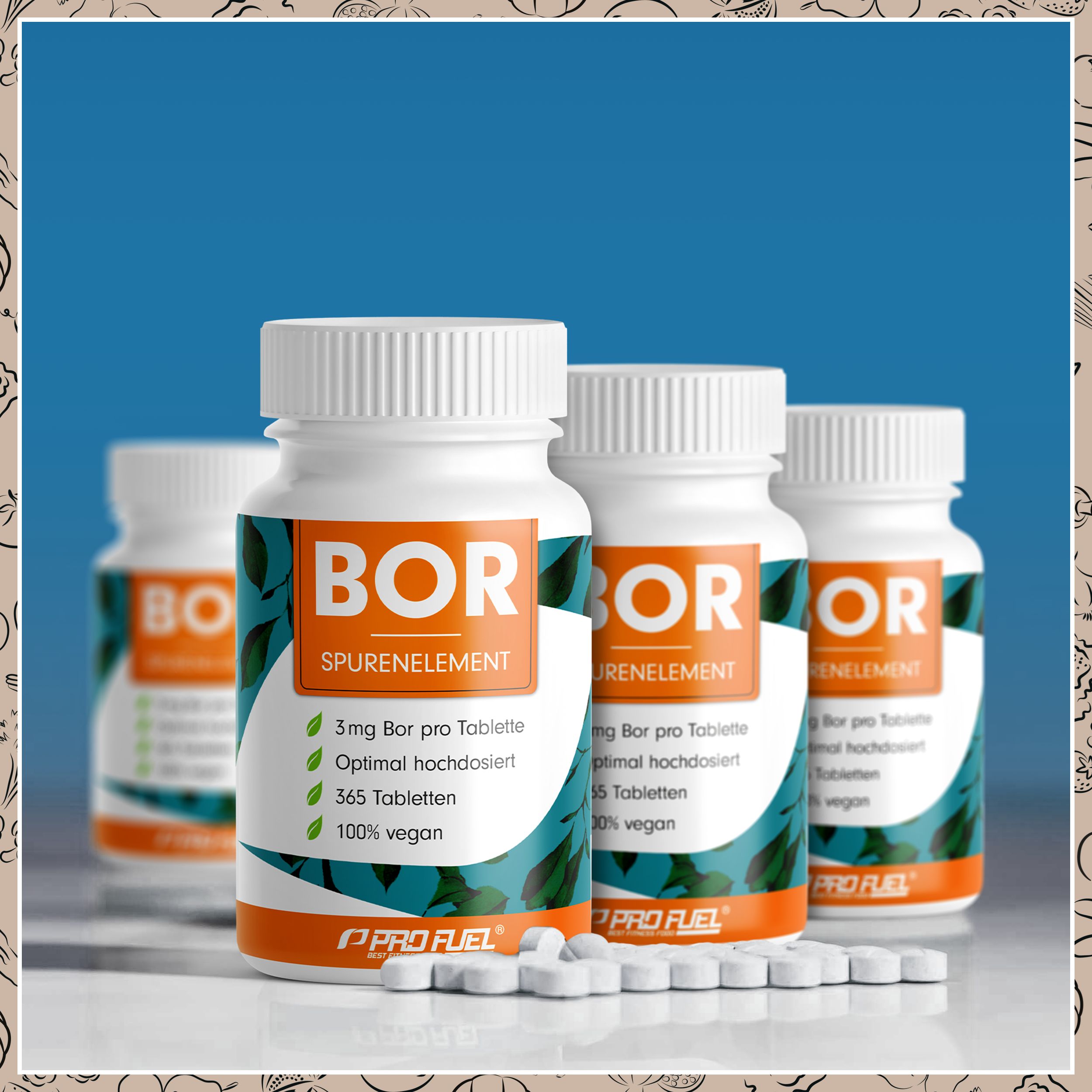 Drei weiße Flaschen mit BOR-Tabletten. Tabletten liegen davor. Etikett mit Text.