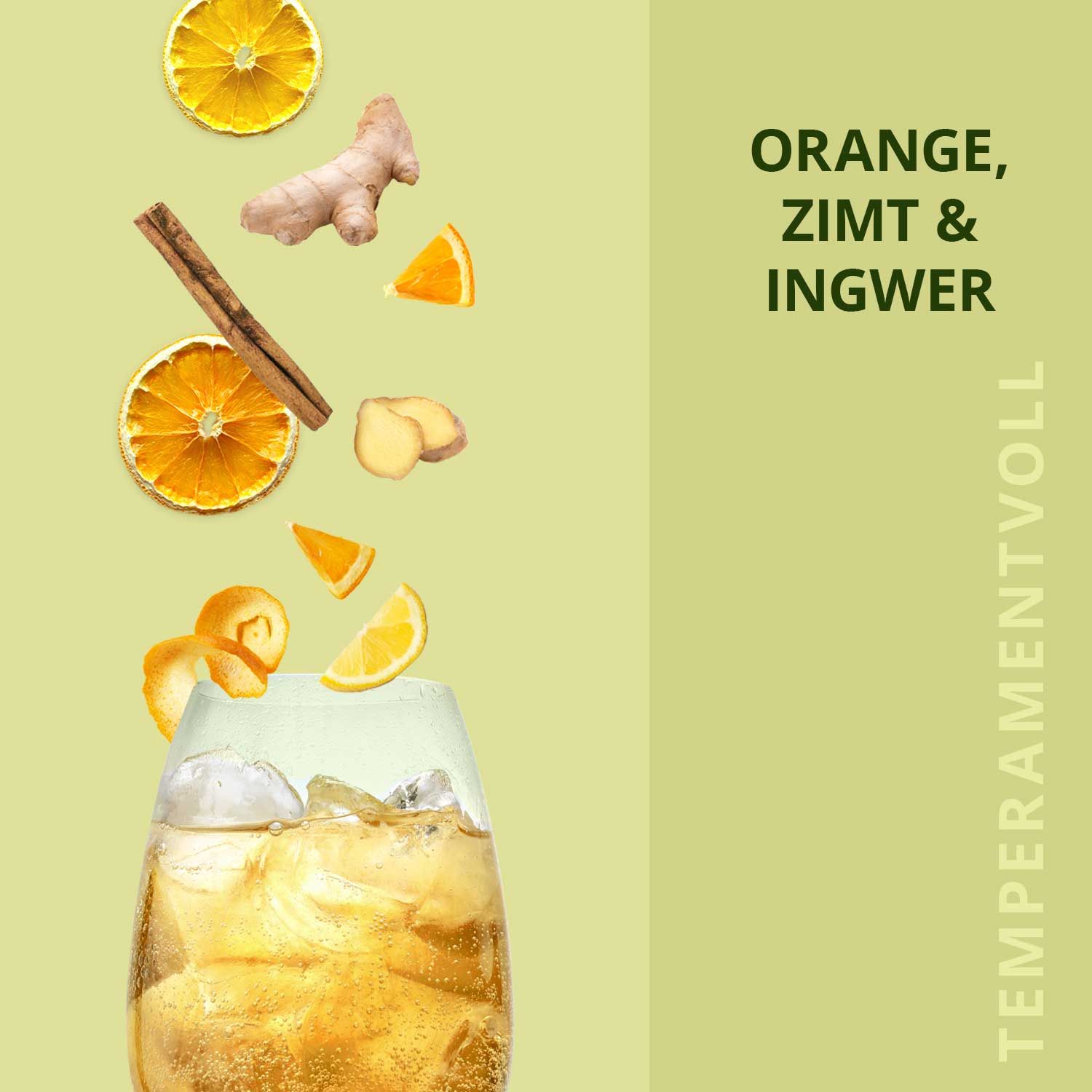 Zutaten: Orange, Zimt, Ingwer. Glas mit Eiswürfeln. Text: Orange, Zimt & Ingwer.