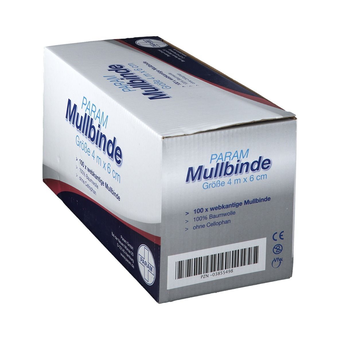 Karton PARAM Mullbinde, 4 m x 6 cm. Text: 100 x webk. Mullbinde, 100% Baumwolle, ohne Cellophan. Logo PARAM.