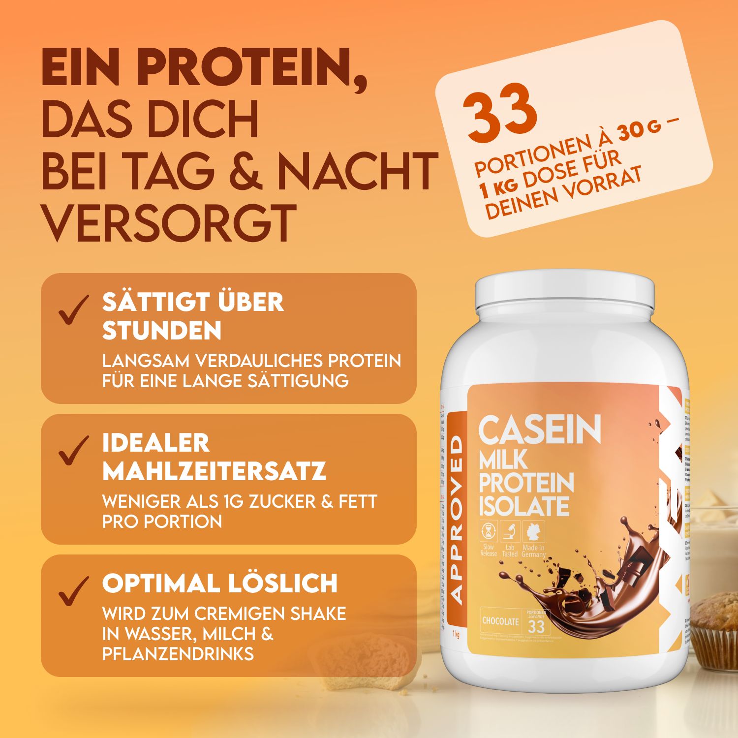 Weiße Dose mit Casein-Aufdruck. Text: 33 Portionen, 1 kg Dose. Text: Sättigt über Stunden, idealer Mahlzeitenersatz, optimal löslich.