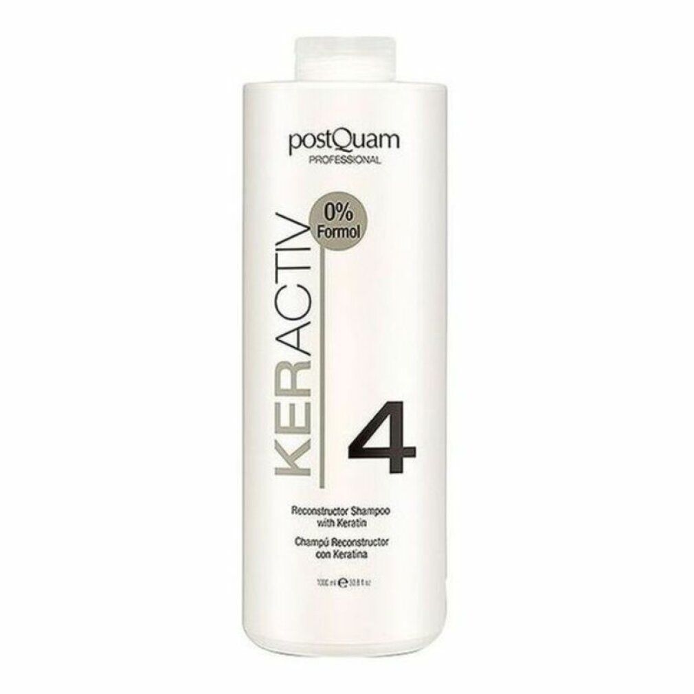 Weißes Shampoo mit Aufschrift KERACTIV, 4 und 0% Formol. Text: Reconstructor Shampoo with Keratin. Flasche.