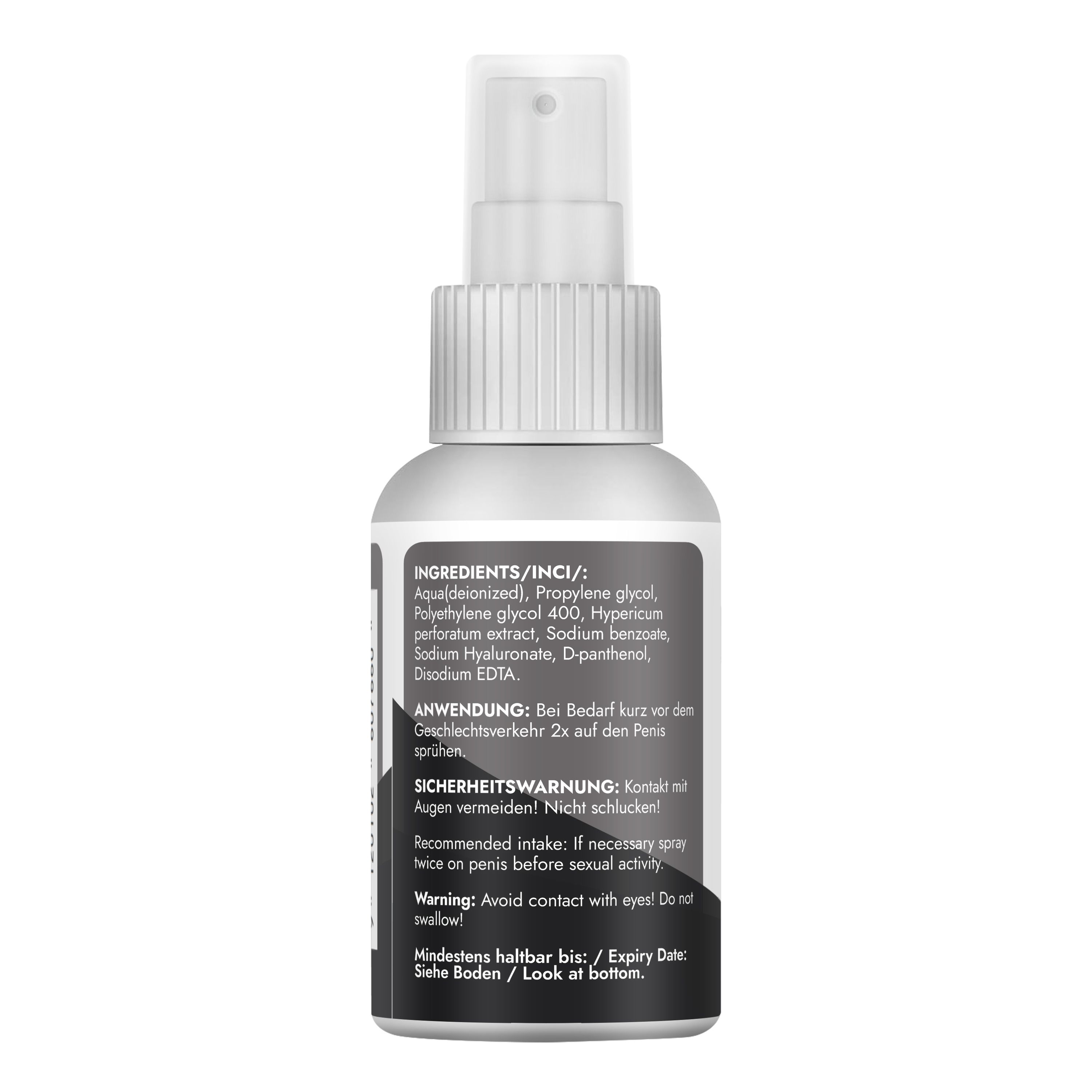 Rückseite eines Sprühflakons 'Longer Love Spray' mit Zutatenliste und Anwendungshinweisen auf schwarzem Etikett.