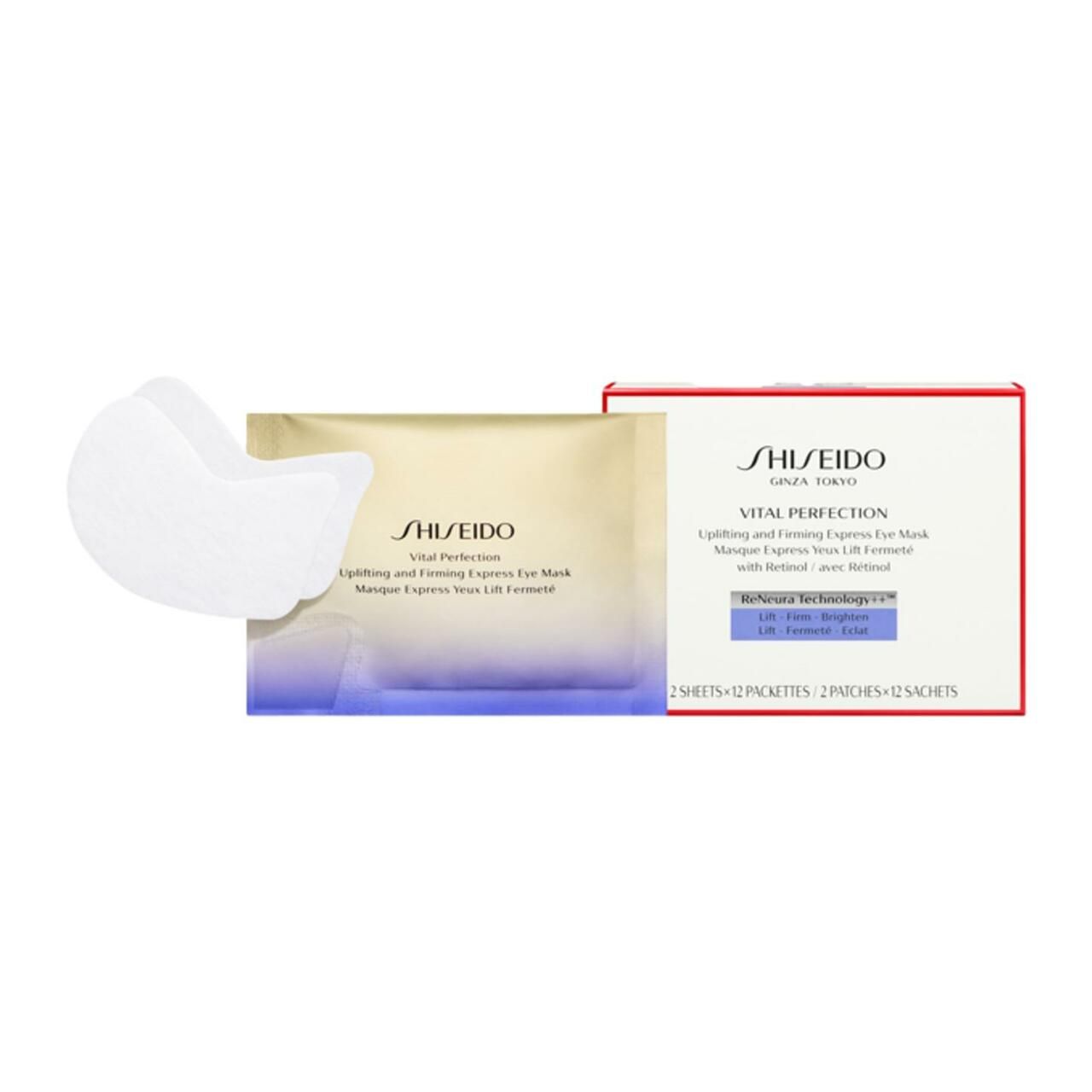 Shiseido Vital Perfection Augenmaske, Packung und Masken. Weiße Masken, goldene Verpackung, rote Schachtel mit Text.