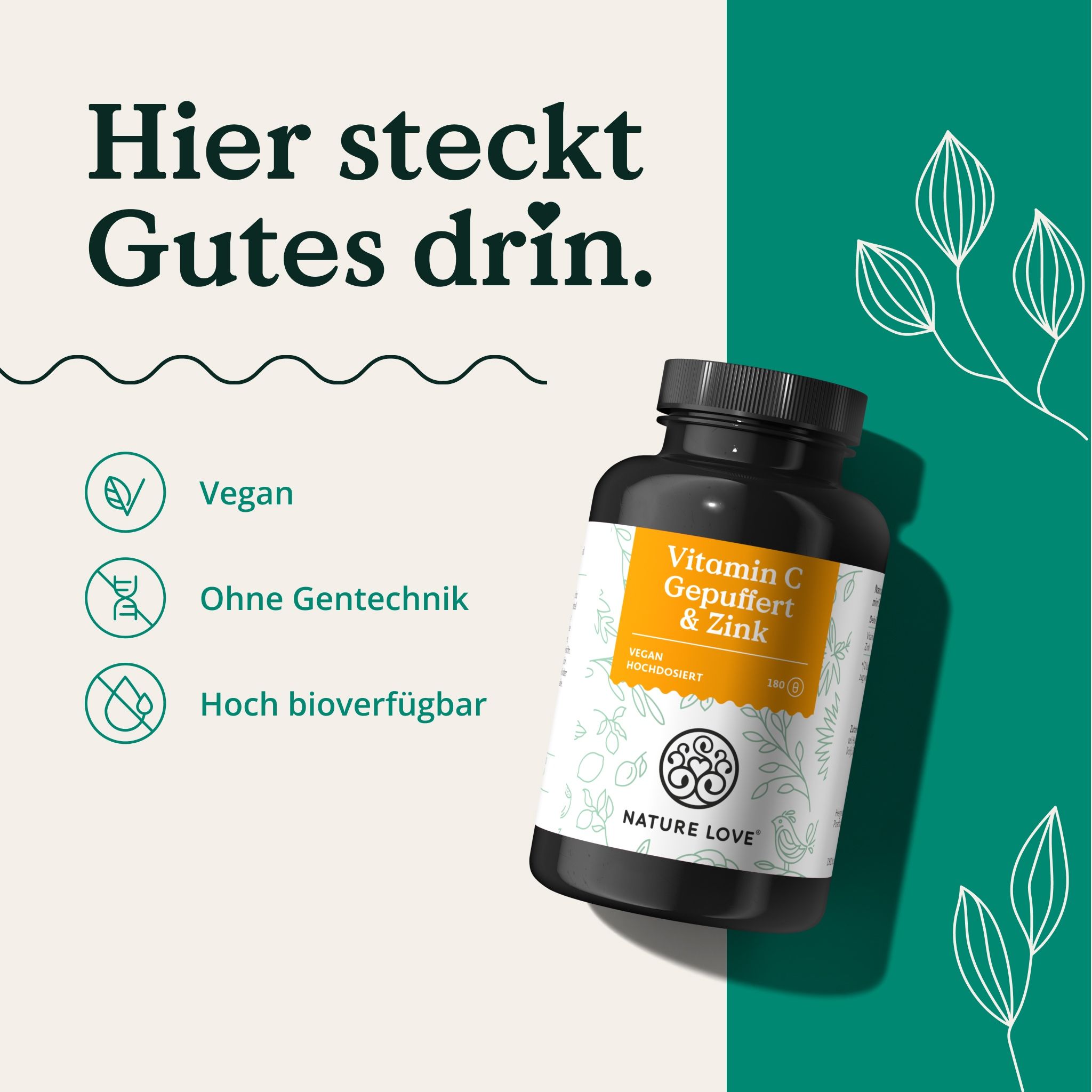 NATURE LOVE® Vitamin C Gepuffert & Zink – 180 Kapseln – hochdosiert 1000mg + 15mg Zink